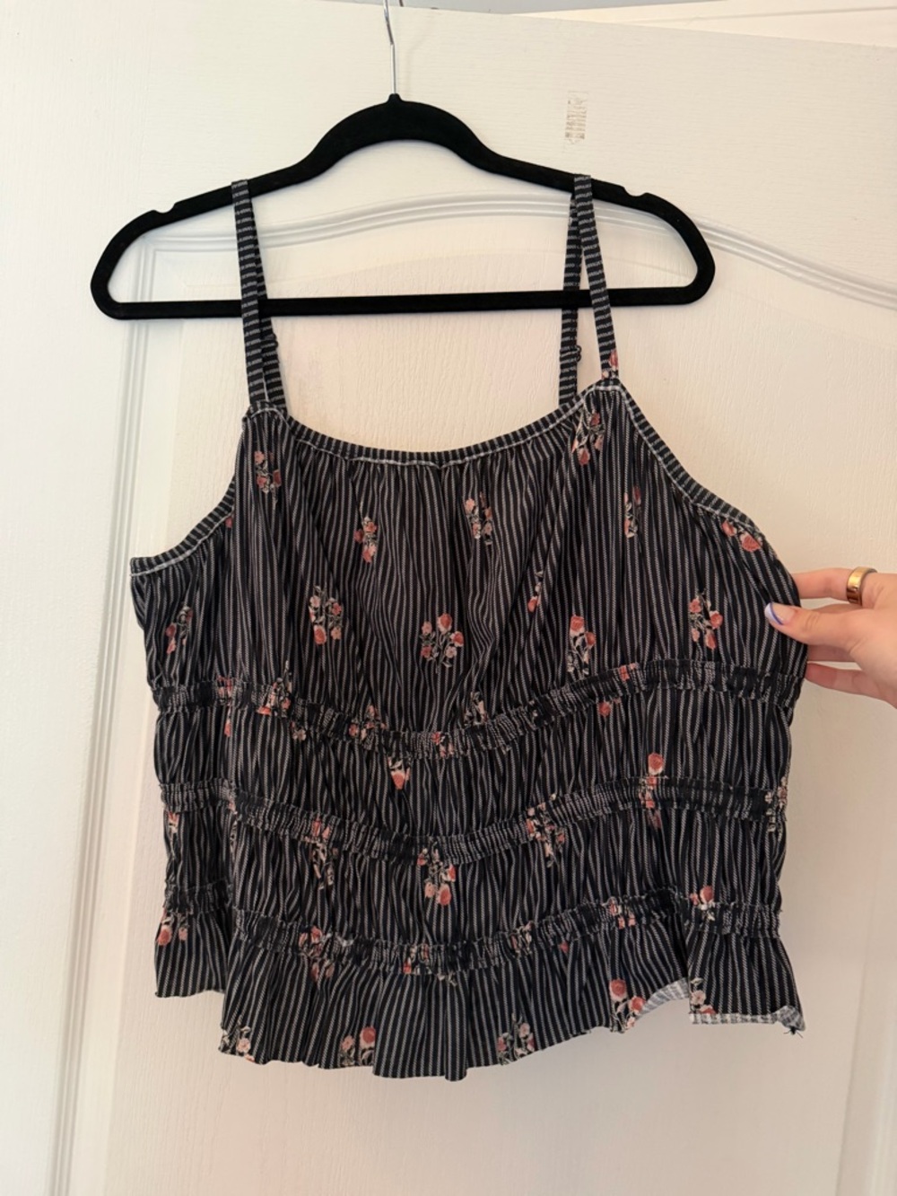 torrid Black Striped Floral Smocked Tank with Pink Accents